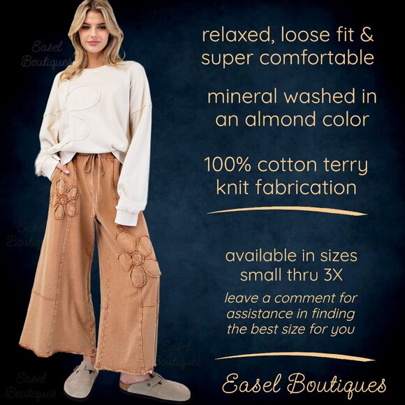 EASEL “Flower Power” Mineral Washed Pants Wide Leg Cozy Relax Fit Raw Seams Hems - Picture 11 of 14